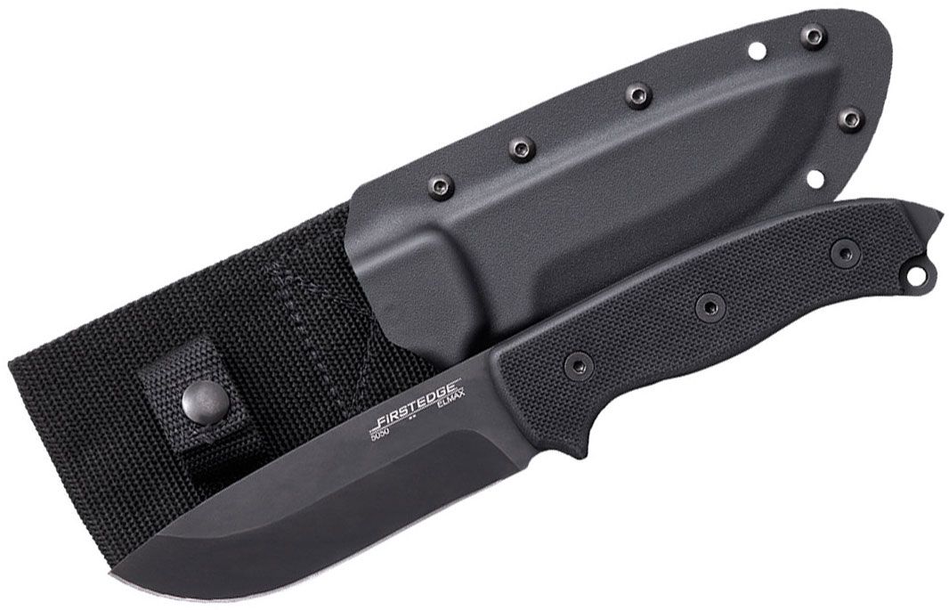FirstEdge Survival Knife Fixed 5.25" Black Elmax Drop Point G10 Handles, Kydex Sheath - KnifeCenter 5050 Discontinued