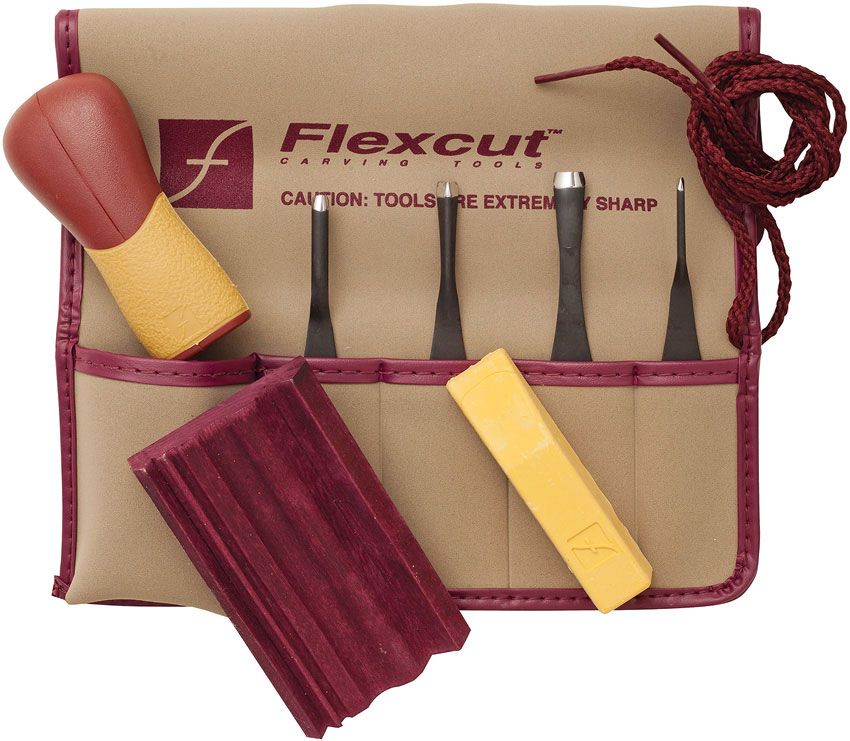Flexcut 5-Piece Printmaking Set, 4 Different Style Blades w/  Interchangeable Wood Handle - KnifeCenter - FLEXSK130