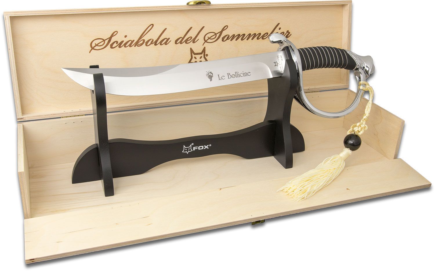 Fox Sciabola del Sommelier Champagne Saber Sword 11.25 Unsharpened Blade,  Wooden Presentation Box, Black Stand - KnifeCenter - FX-2009 - Discontinued