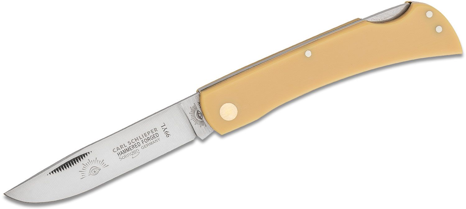 German Eye Brand Carl Schlieper Sodbuster Lockback Folding Knife 3.82  Blade, Yellow Celluloid Handles - KnifeCenter - GE99YL