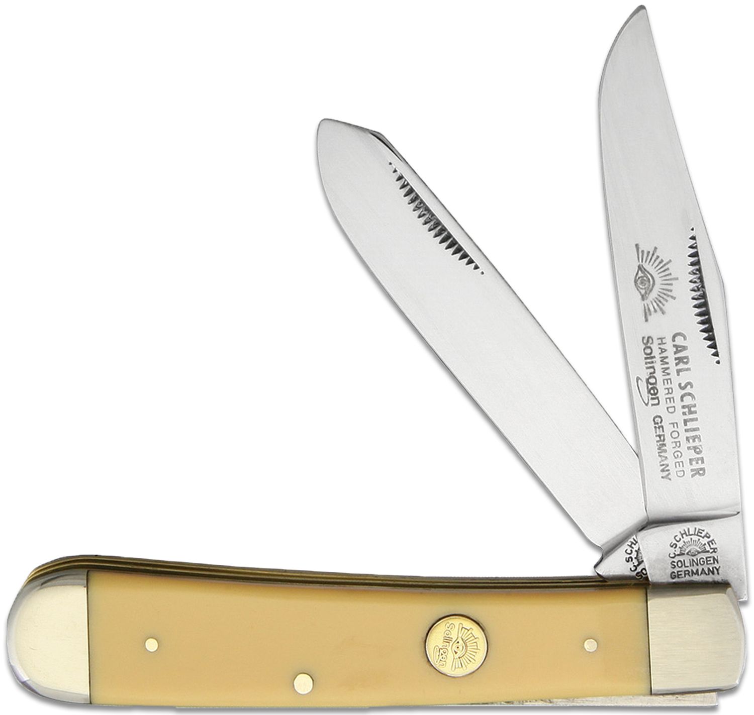 German Eye Brand Trapper 4 Closed, Yellow Celluloid Handles