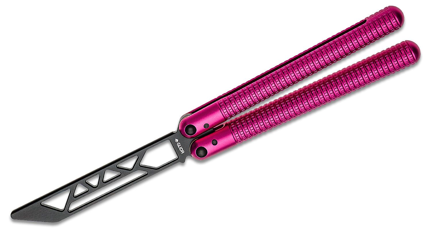 Glidr Sahara Flamingo Pink Balisong Butterfly Trainer 4.84 Unsharpened  Black PVD Blade, Pink Aluminum Handles - KnifeCenter - Discontinued