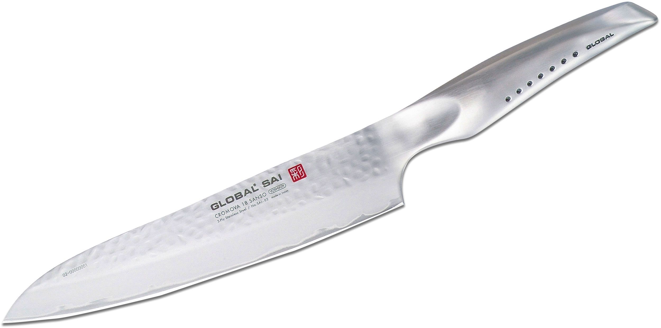 Indkøbscenter strimmel i tilfælde af Global SAI-02 Sai Chef's / Carving Knife 8" Hammered Blade - KnifeCenter