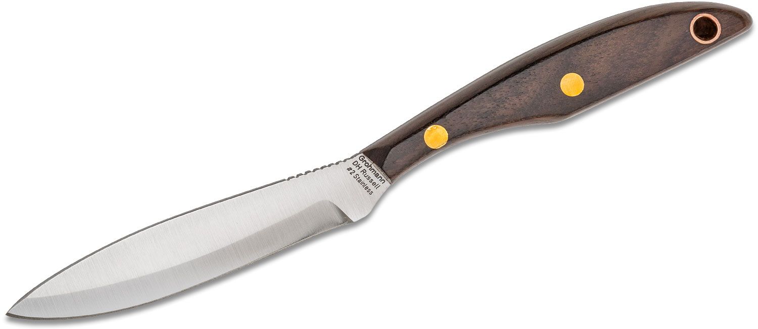 Grohmann #2 Trout & Bird Knife 4 Satin Stainless Steel Blade, Rosewood  Handles, Brown Leather Sheath - KnifeCenter - RS2