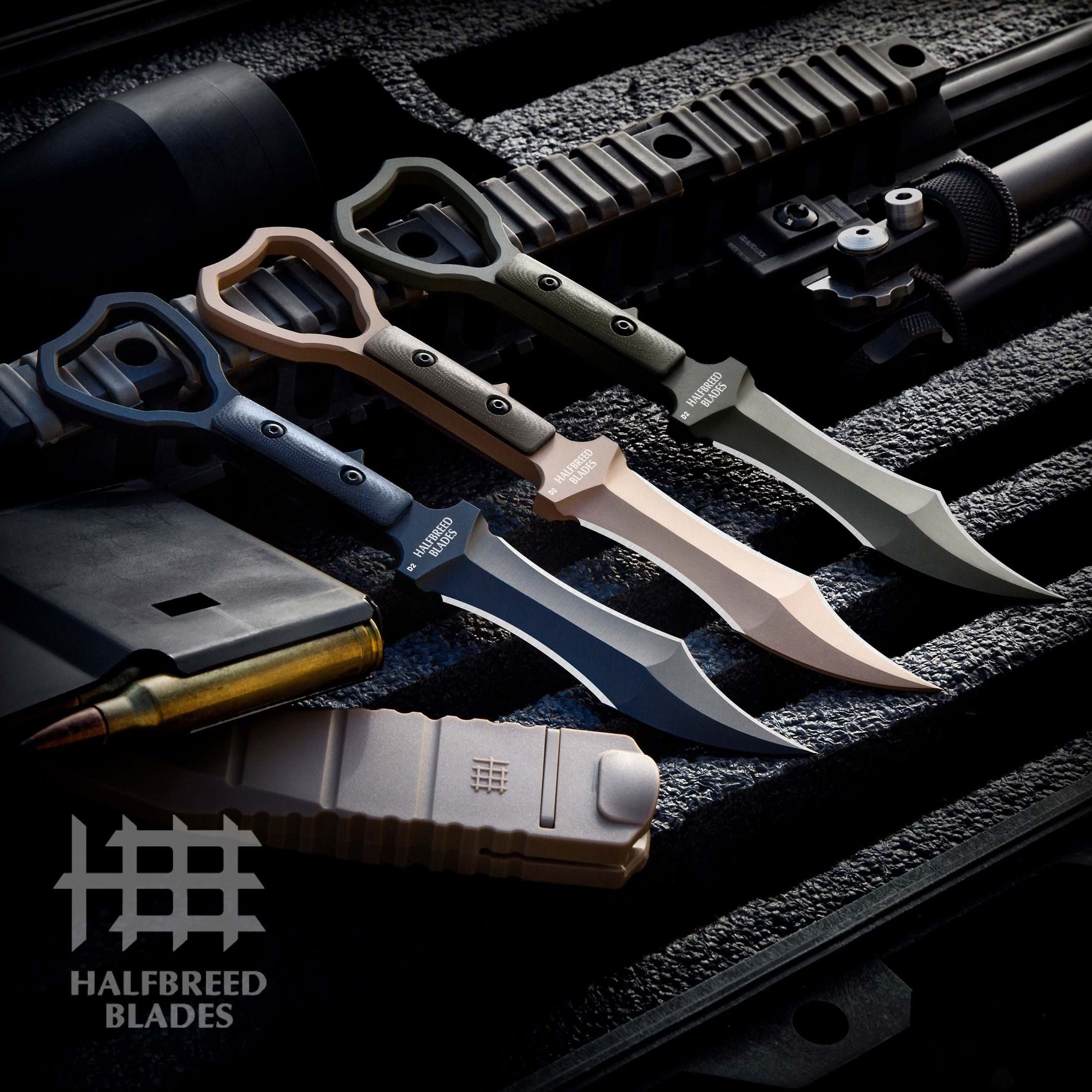 Halfbreed Blades Compact Clearance Fixed Blade Knife and Trainer Set 3.94  D2 Dark Earth Teflon Tanto Blade, G10 Handles, Injection Molded Sheath -  KnifeCenter - CCK-02 BUNDLE