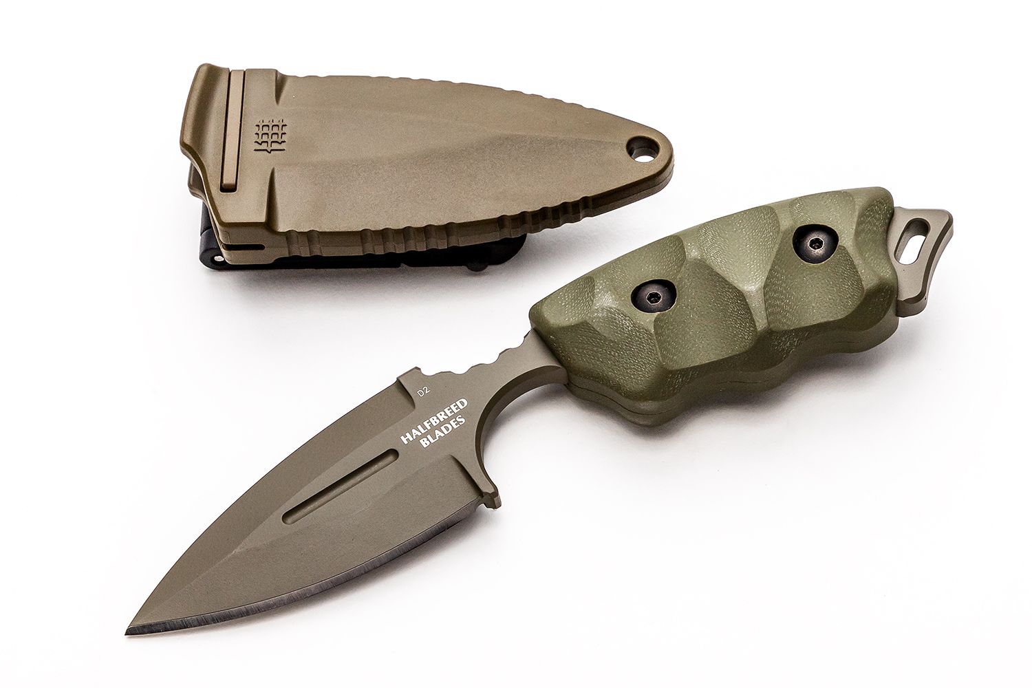 Halfbreed Blades Compact Clearance Fixed Blade Knife and Trainer Set 4.01  D2 Ranger Green Teflon Combo Edge Dagger, G10 Handles, Injection Molded  Sheath - KnifeCenter - CCK-01 BUNDLE