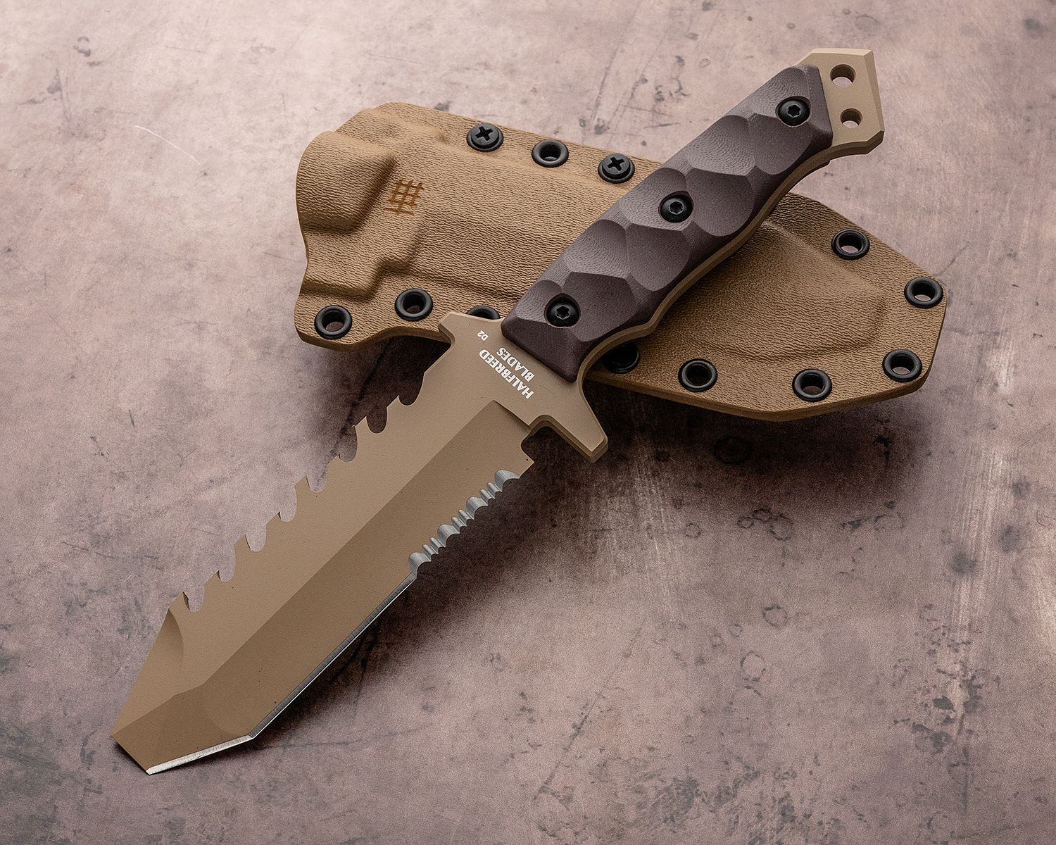 Halfbreed Blade Emergency Rescue Fixed Blade Knife Desert Earth G10 Handle  D2 Chisel Point Partially Serrated Edge ERK-01DE