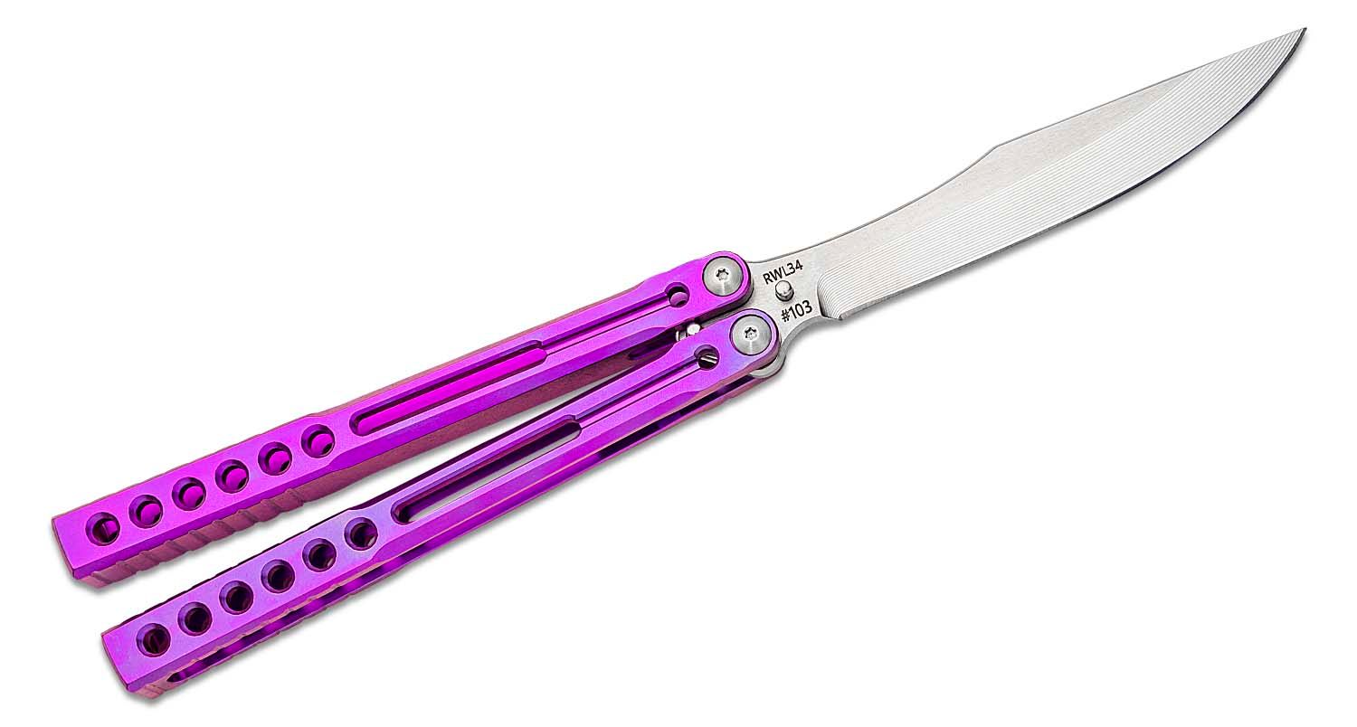 Heibel Knives Invictus Balisong #103 Butterfly Knife 4.75 RWL-34  Stonewashed Harpoon Blade, Violet Integral Tapered Full Channel Titanium  Handles - KnifeCenter - Discontinued