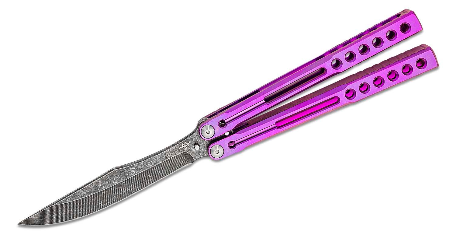 Heibel Knives Invictus Balisong #104 Butterfly Knife 4.75 RWL-34 Acid  Washed Harpoon Blade, Violet Integral Tapered Full Channel Titanium Handles  - KnifeCenter - Discontinued