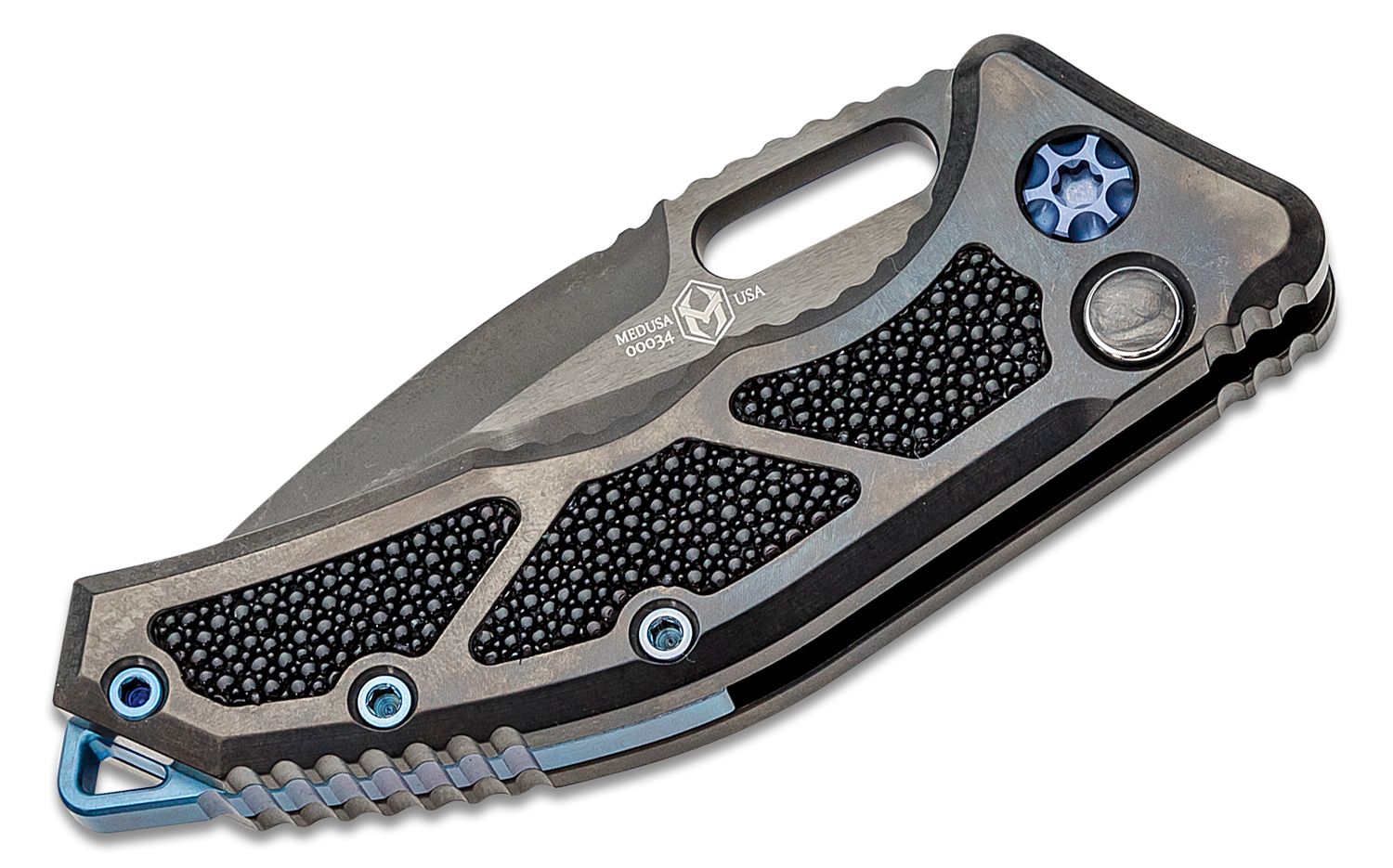 Heretic Knives Custom Medusa Auto Tanto DLC Titanium w/ Frag Pattern Hand  Ground Stealth Polish Elmax Abalone Inlaid Clip DLC Hardware DLC Inlaid  Abalone Inlaid Button (Pre-Owned)
