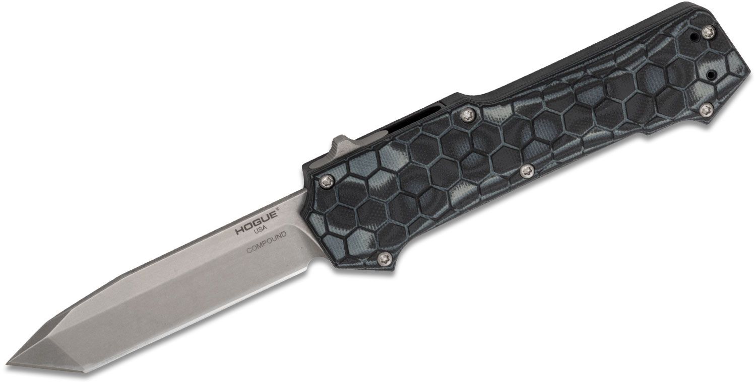 Hogue Compound OTF AUTO Knife 3.5&quot; S30V Stonewashed Tanto Blade, Black  G-Mascus G10 and Aluminum Handles - KnifeCenter - 34029