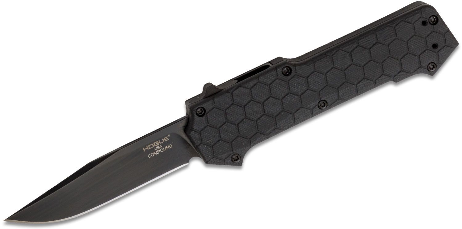 Hogue Compound OTF AUTO Knife 3.5&quot; S30V Black PVD Clip Point Blade, Black  G10 and Aluminum Handles - KnifeCenter - 34036