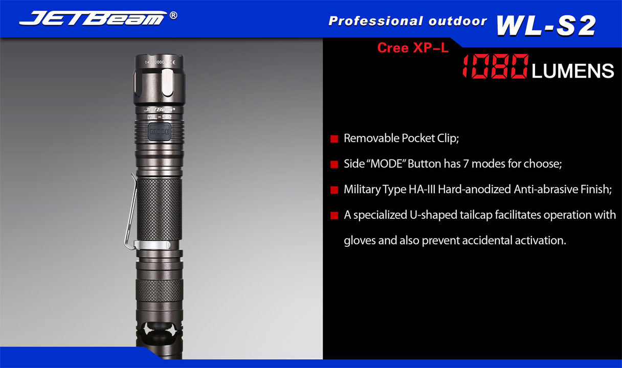 JETBeam WLS2 Aluminum LED Flashlight 2x16340, 1080 Max Lumens KnifeCenter Discontinued