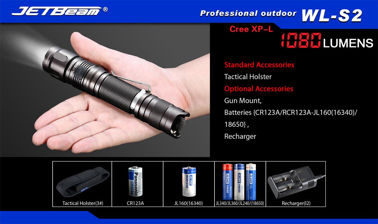 JETBeam WLS2 Aluminum LED Flashlight 2x16340, 1080 Max Lumens KnifeCenter Discontinued