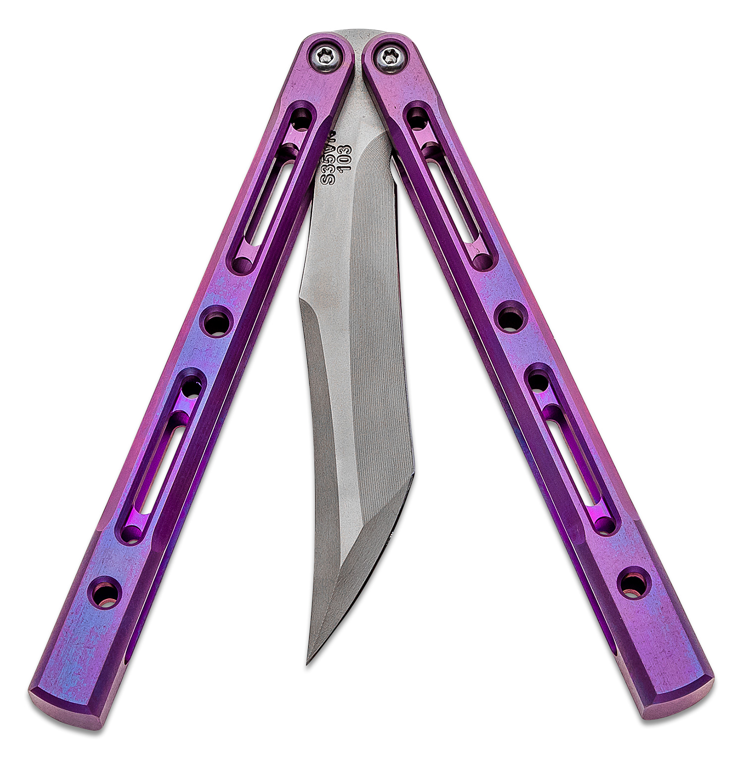 JK Designs/Joseph Hansen Custom Monarch #103 Butterfly Knife 4.375 jk-designs-joseph-hansen-custom-monarch-103-butterfly-knife-4-375-s35vn-media-blasted-blade-integral-purple-anodized-titanium-handle-bushing-pivot-knifecenter-discontinued