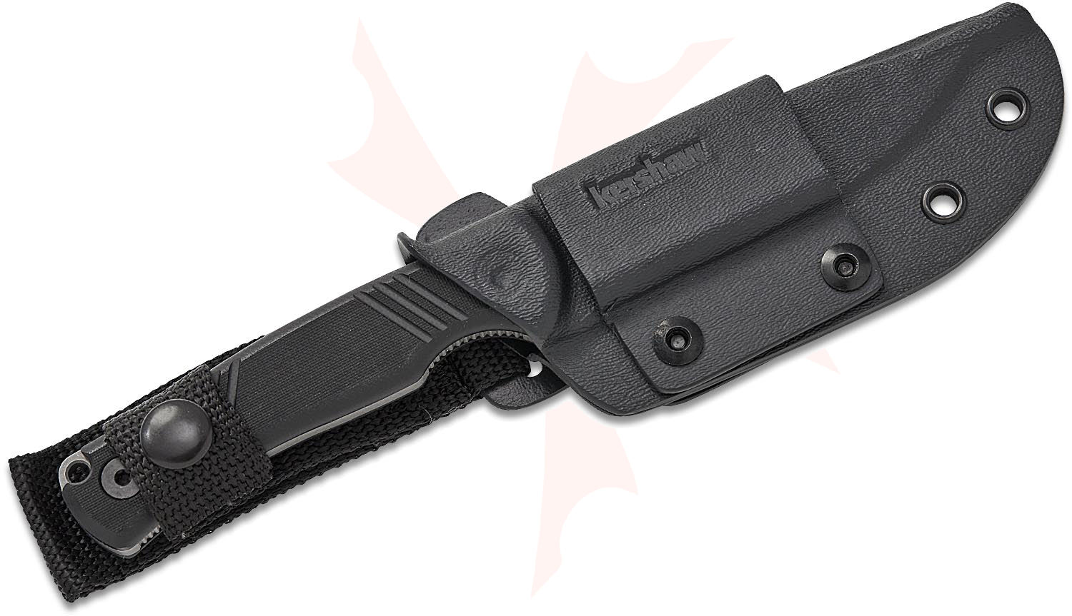 Kershaw Pack Mule fixed blade in sheath on white background