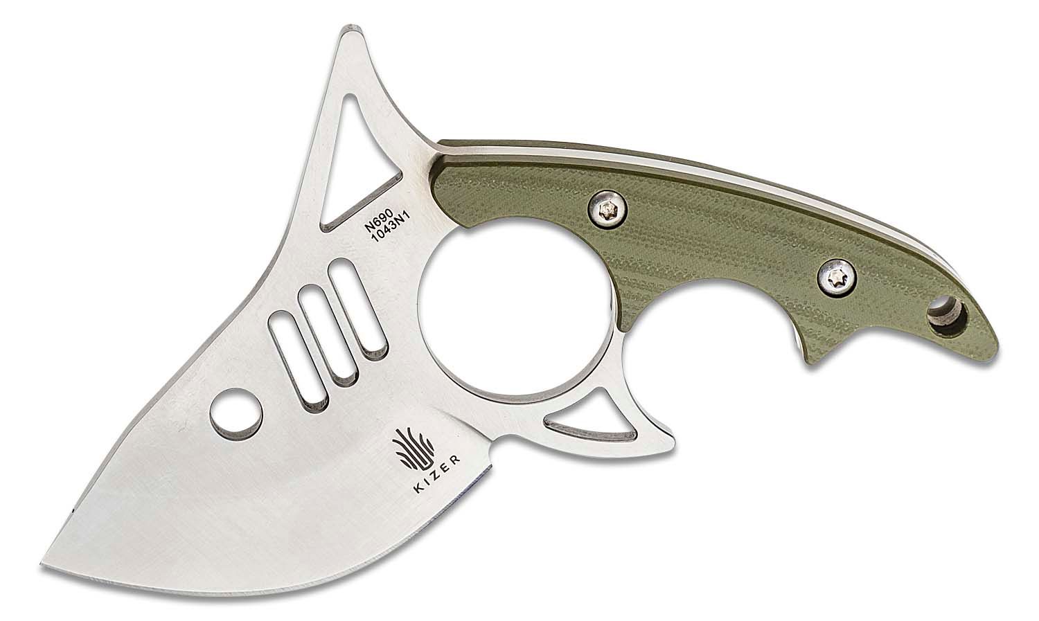 Kizer Cutlery 1043N1 Macho Blades The Shark Tooth Fixed Blade Knife 2.8  N690 Satin Drop Point, Green G10 Handles, Kydex Pocket Sheath - KnifeCenter