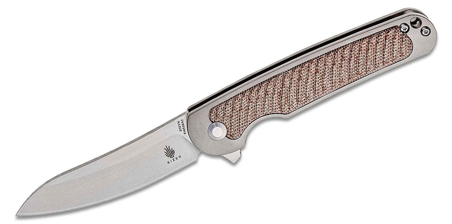 Kizer Cutlery Ki4556A3 Carlos Elstner Clutch Flipper Knife 3.375 S35VN  Two-Tone Sheepsfoot Blade, Titanium Handles with Natural Micarta Inlays -  KnifeCenter - Discontinued