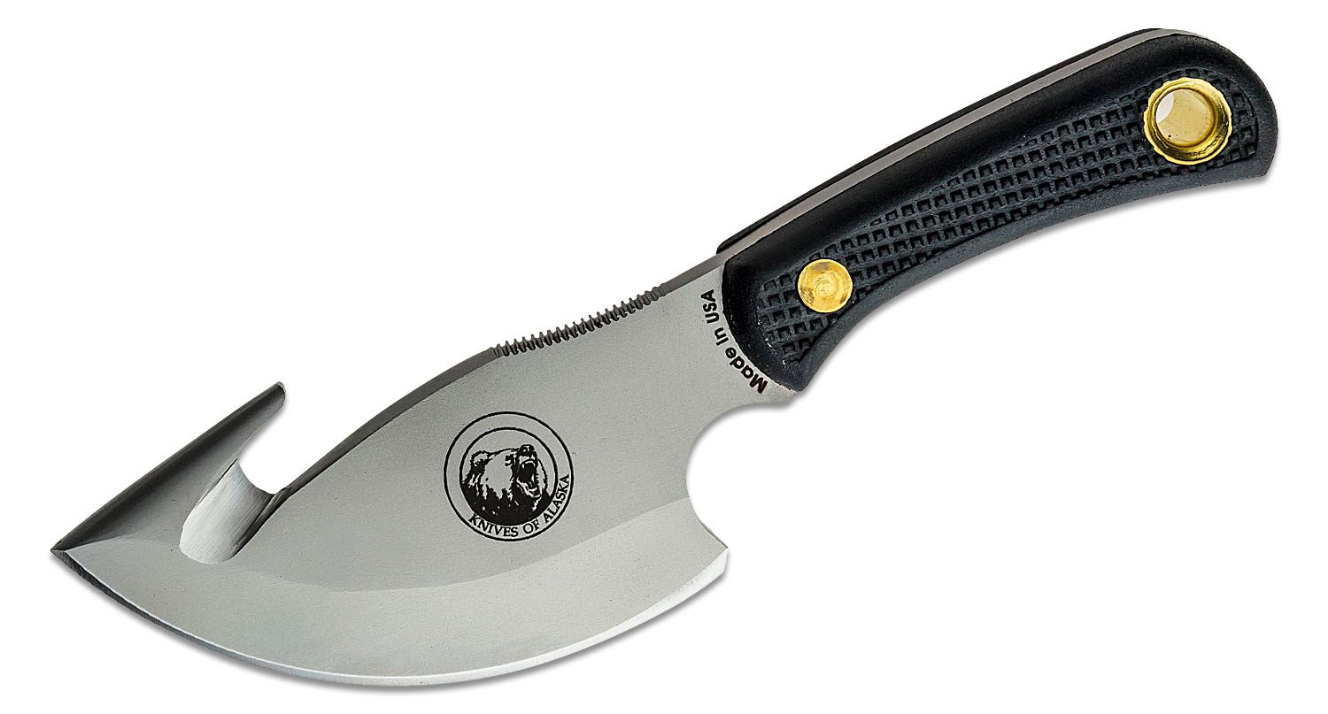 Knives of Alaska Light Hunter Skinner Cleaver Fixed 4 D2 Bead Blast Blade  with Gut Hook, Black Santoprene SureGrip Handles, Brown Leather Sheath -  KnifeCenter - 00010FG