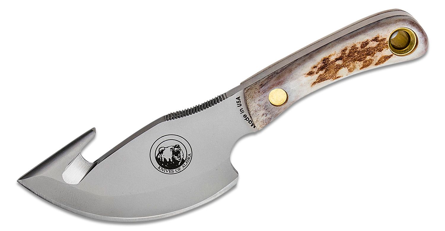 of Alaska Light Hunter Skinner Cleaver Fixed 4" D2 Bead Blast Blade with Gut Hook, Stag Handles, Brown Leather Sheath - KnifeCenter - 00011FG