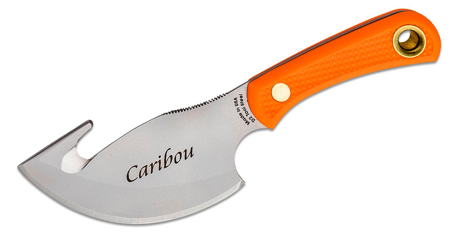 Knives of Alaska Caribou Skinner Cleaver Fixed 4 D2 Bead Blast Blade with Gut  Hook, Orange Santoprene SureGrip Handles, Brown Leather Sheath -  KnifeCenter - 00017FG