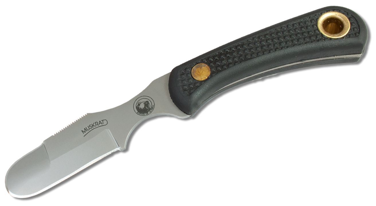 Knives of Alaska Muskrat Knife Fixed 2.25 D2 Bead Blasted Skinner Blade,  Black Santoprene SureGrip Handles, Brown Leather Sheath - KnifeCenter -  00069FG