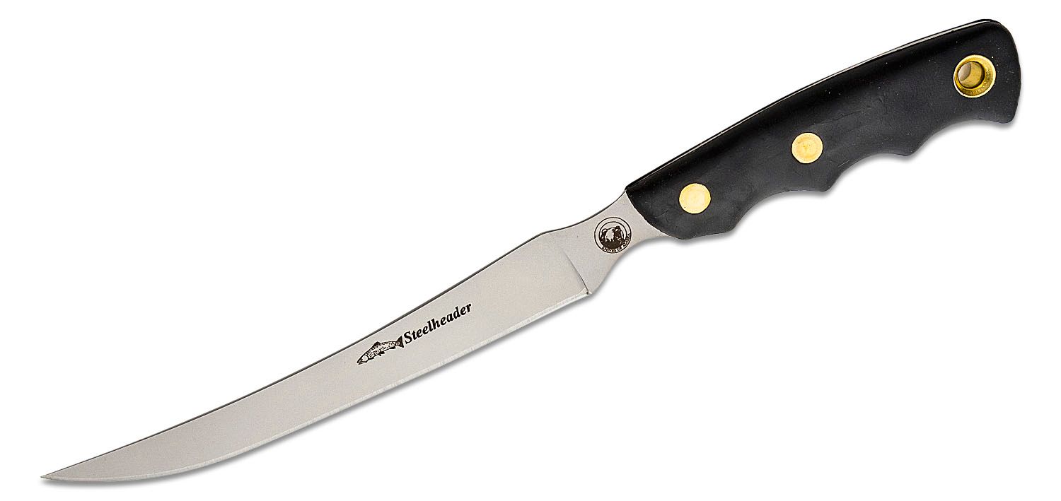 Knives of Alaska Steelheader Fillet Knife 6.75 440C Bead Blast Blade,  Black Santoprene SureGrip Handles, Black Nylon Sheath - KnifeCenter -  00315FG