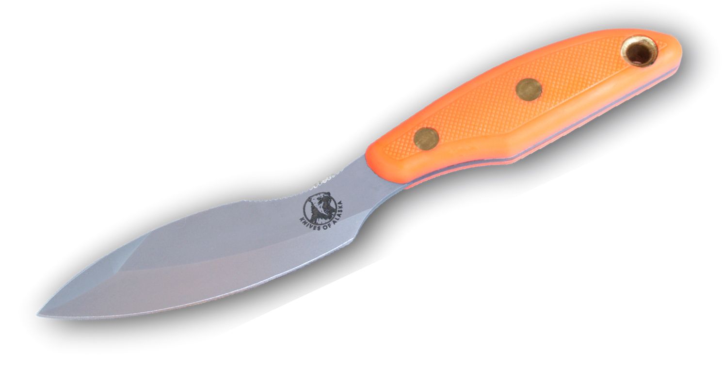 Knives of Alaska Xtreme Yukon #1 Fixed Blade Knife 4.25 D2 Bead Blast  Double Edge Blade, Orange Santoprene SureGrip Handles, Brown Leather Sheath  - KnifeCenter - 00822FG