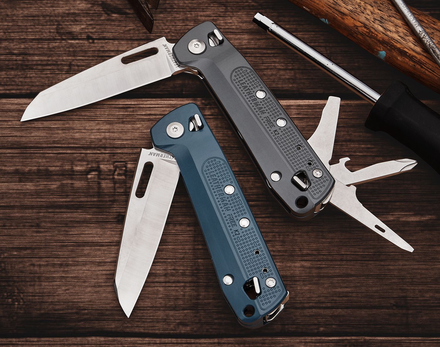 Leatherman FREE™ K2 Pocket Size Multi-Purpose Knife 3.3 Plain Blade, 8  Tools, Navy Blue Aluminum Handles - KnifeCenter - 832897