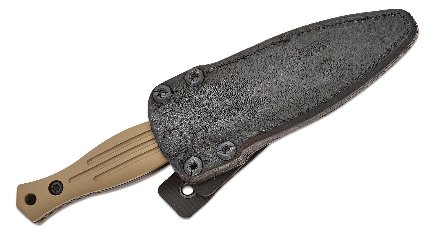 Les George Mid-Tech Galvo Fixed Blade Boot Knife 4 CPM-3V Black Cerakote  Double Edge Dagger, Fuller Milled FDE Aluminum Handles, Leather Sheath -  KnifeCenter