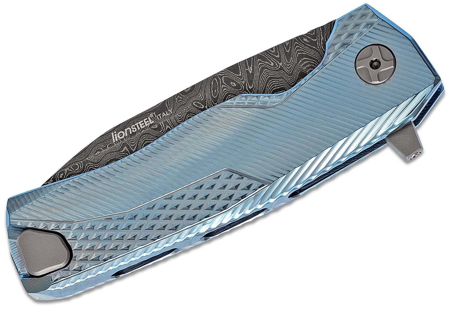 Couteau de poche LionSteel ROK damas titanium bleu