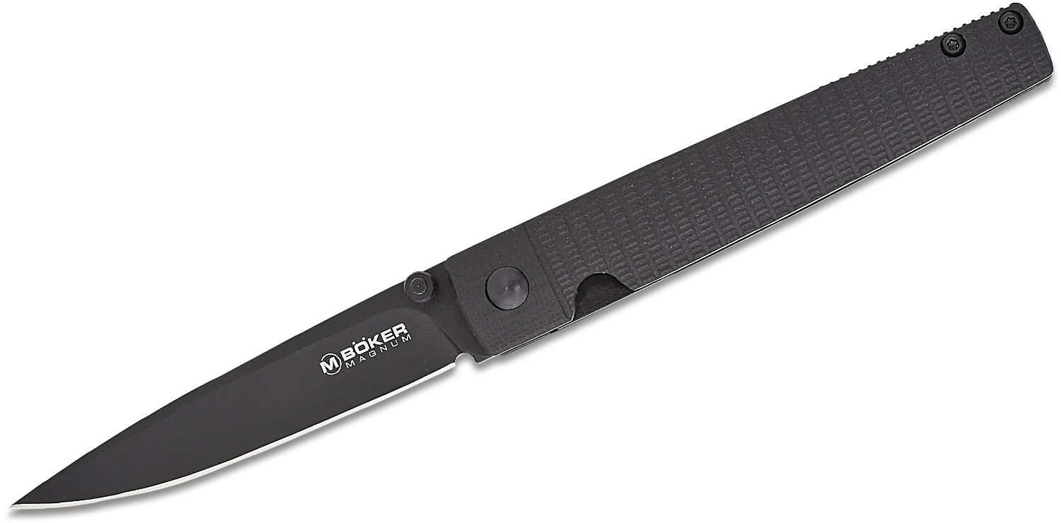 Boker Magnum Stereo Liner Lock Folding Knife 3.15 440A Black Plain Blade,  Black G10 Handles - KnifeCenter - 01RY004