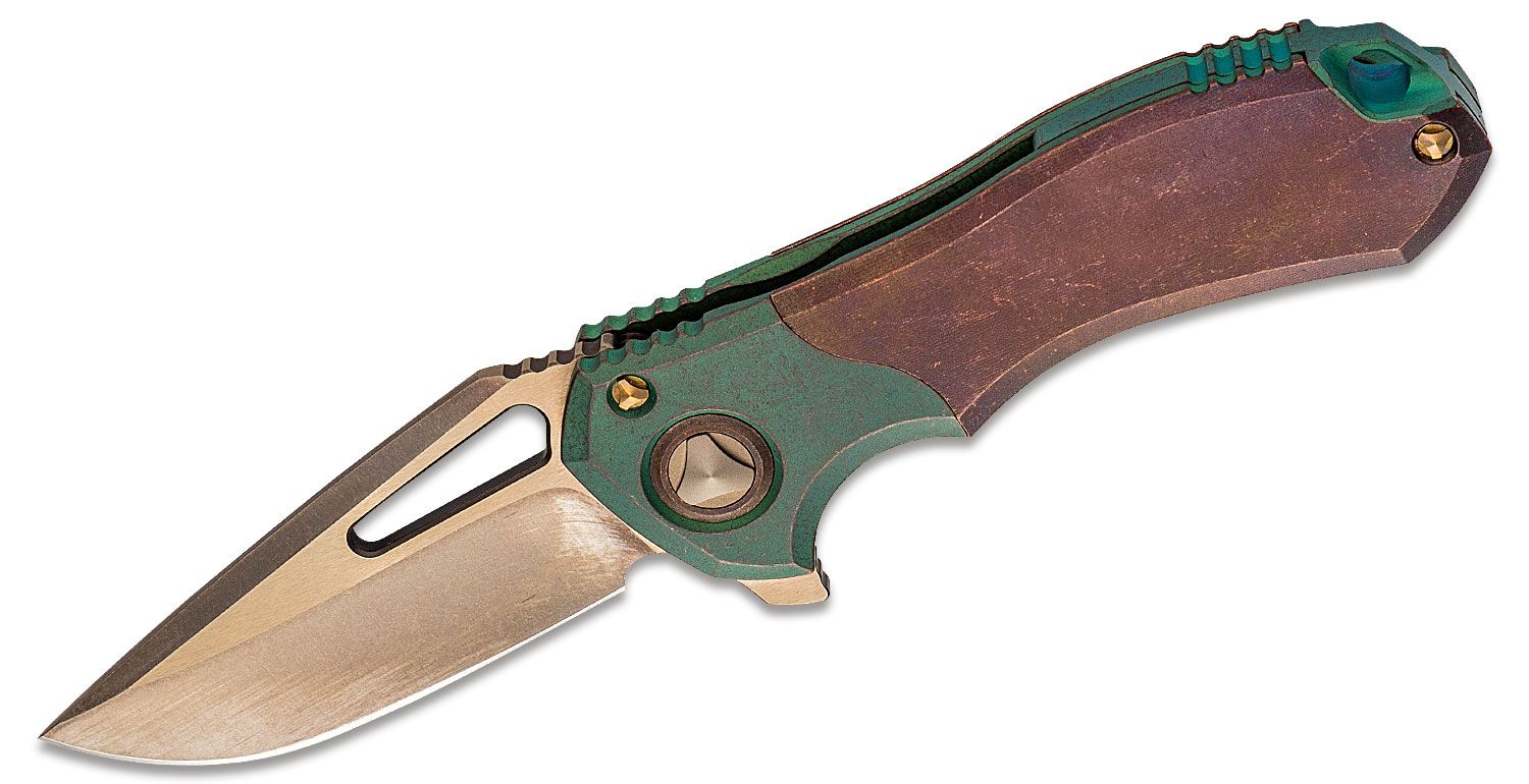Marfione Custom Knives Protocol #004 2.75" CTS-204P Bronze Two-Tone Blade, Patinated Copper Handles with Antique Green Titanium Bolsters - KnifeCenter - 505-MCK - Discontinued