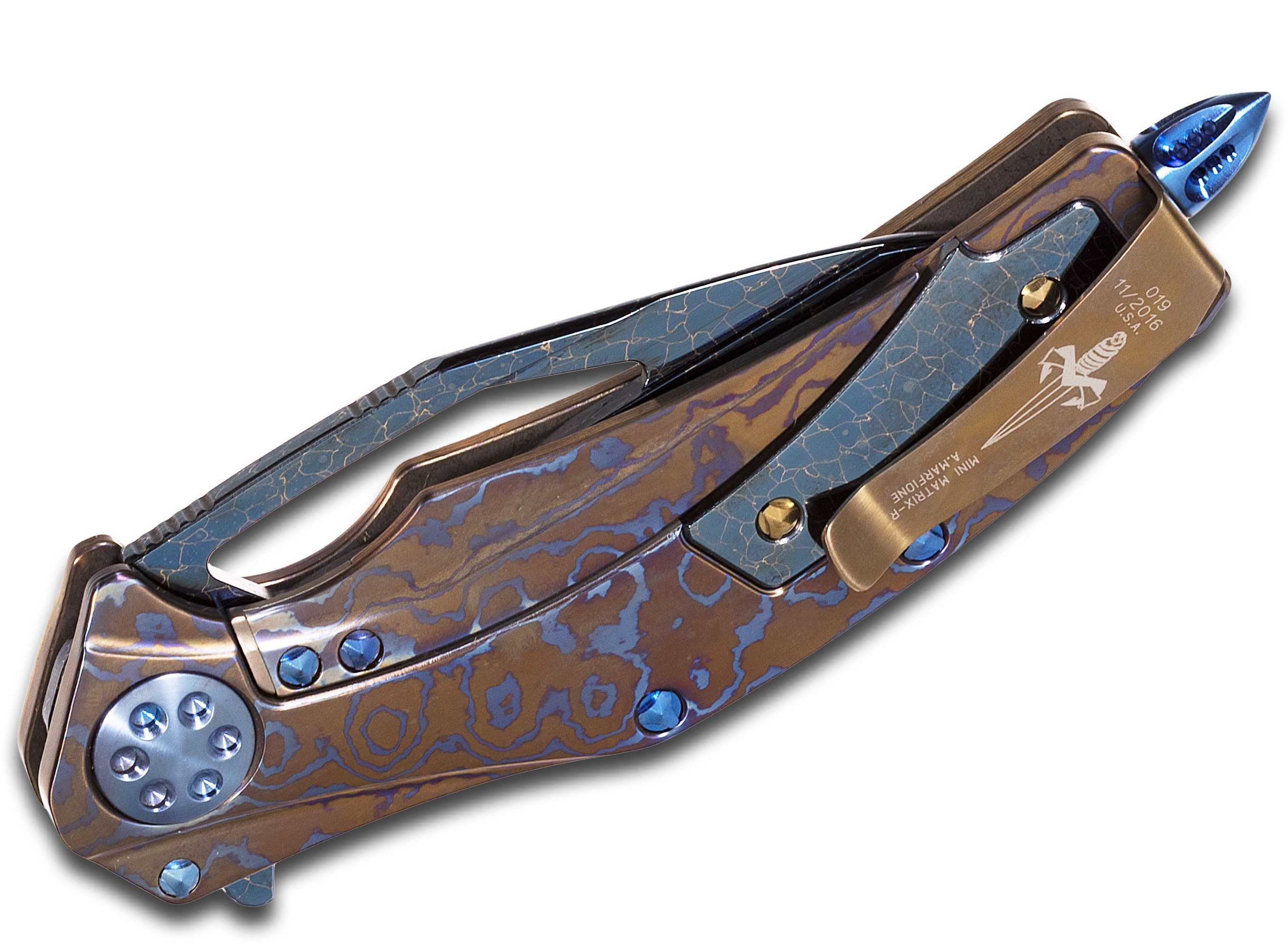 Marfione Custom Knives Mini Matrix R Flipper 3.25 Blue Nebula Damascus  Blade, Nichols Mokuti Handles, Nylon Pouch - KnifeCenter - Discontinued