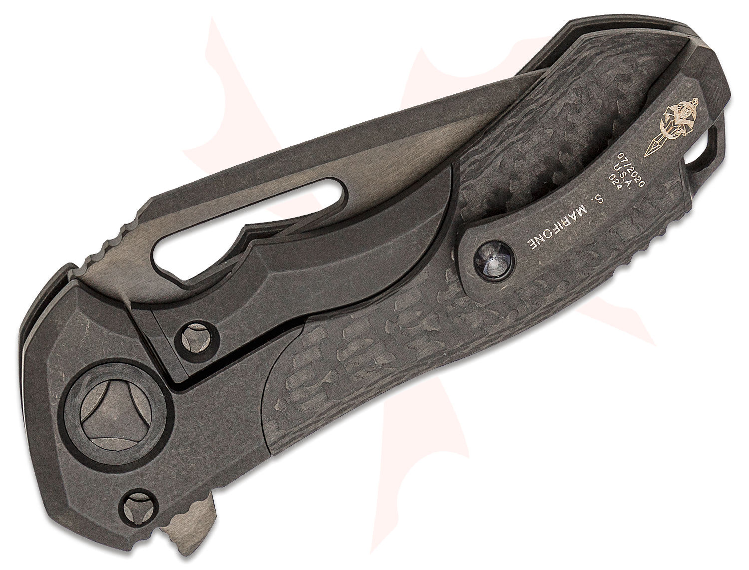Marfione Custom Knives Protocol Flipper Knife 2 75 Cts 204p Dlc Apocalyptic Two Tone Blade Carbon Fiber Handles With Dlc Apocalyptic Titanium Bolsters Knifecenter 505 Mck