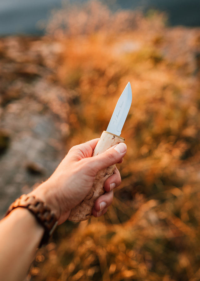Marttiini Handy Knife Fixed 3" Blade, Waxed Curly Birch Handles, Brown