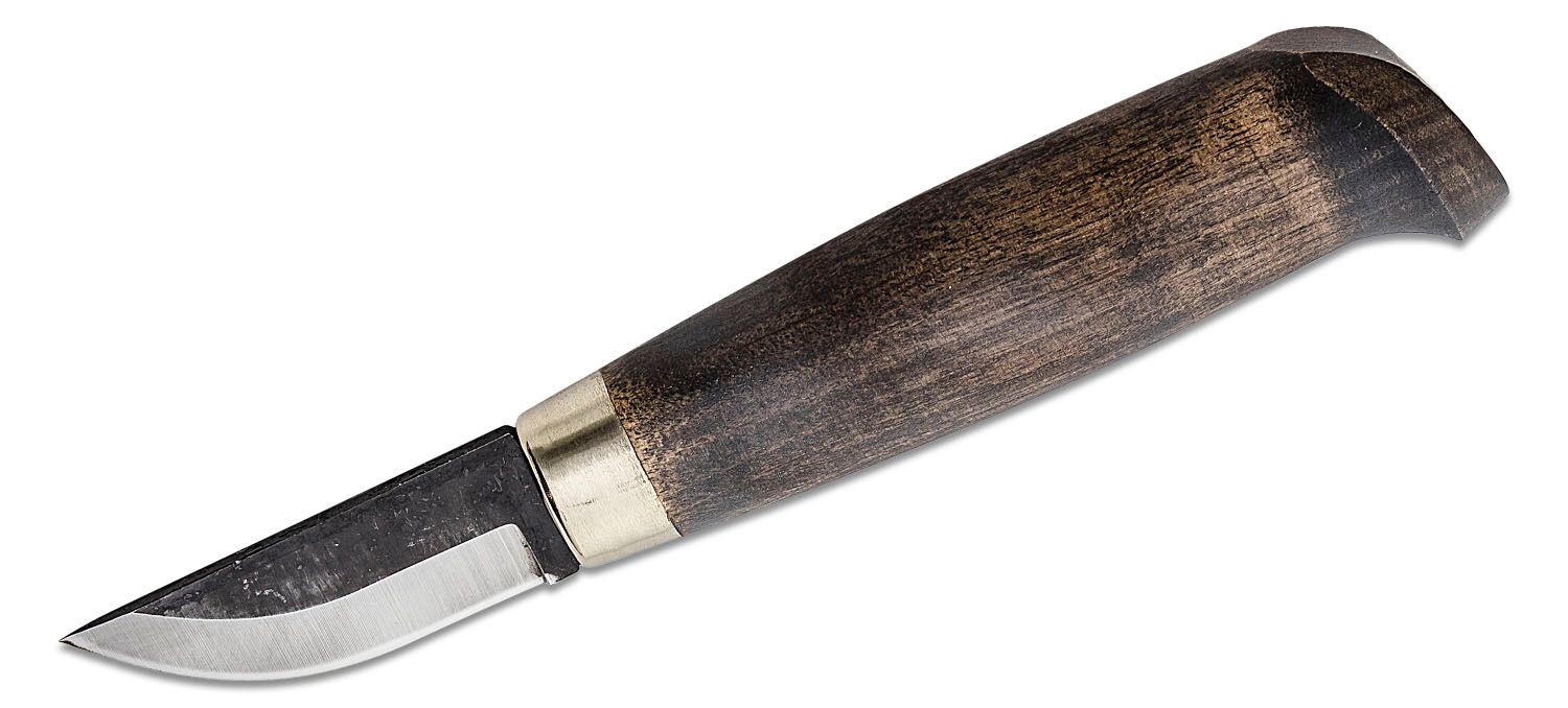 Marttiini Snappy Whittling Knife 2.13 Fixed Blade, Curly Birch Handle,  Black Leather Sheath - KnifeCenter - 511020