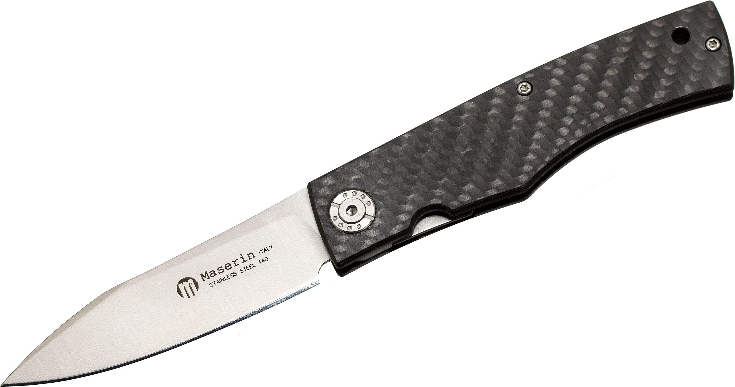 Maserin 373/WTN W1-Lock Folding Knife 2.89 Tungsten Steel Sheepsfoot Blade,  Black FatCarbon Handles, Leather Pouch - KnifeCenter