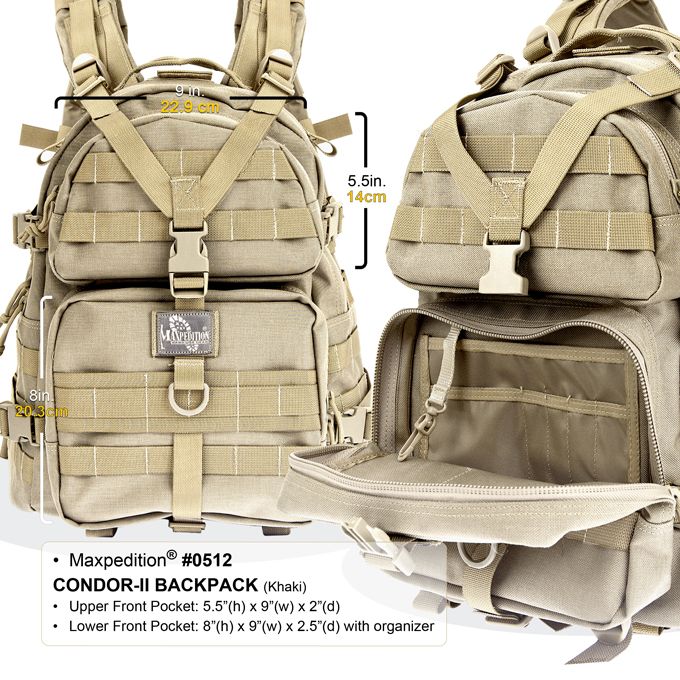 Maxpedition Condor II Hydration Backpack 0512K Khaki Square with rounded top de 