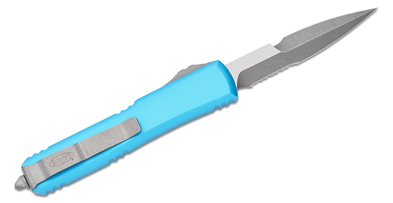 Microtech 120-11APTQ Ultratech AUTO OTF 3.46" Apocalyptic Double Edge Bayonet Combo Blade, Turquoise Aluminum Handles - KnifeCenter - Discontinued