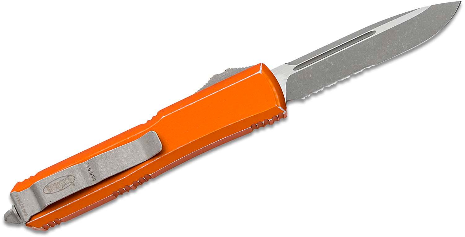 Microtech 121-10PK Ultratech AUTO OTF Knife 3.46 Stonewashed Plain Drop  Point Blade, Pink Aluminum Handles - KnifeCenter