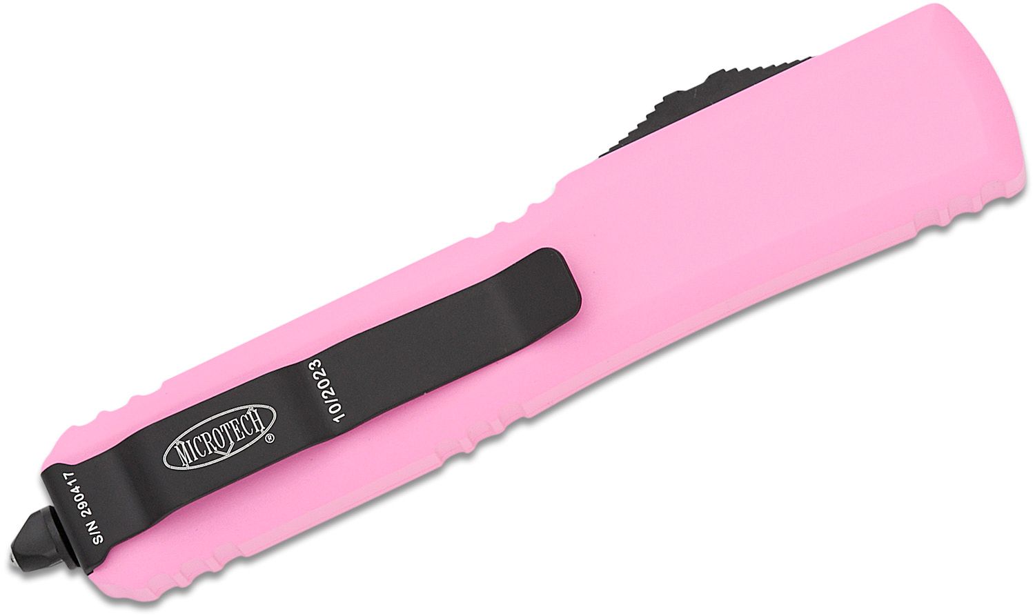 Microtech 121-10PK Ultratech AUTO OTF Knife 3.46 Stonewashed Plain Drop  Point Blade, Pink Aluminum Handles - KnifeCenter