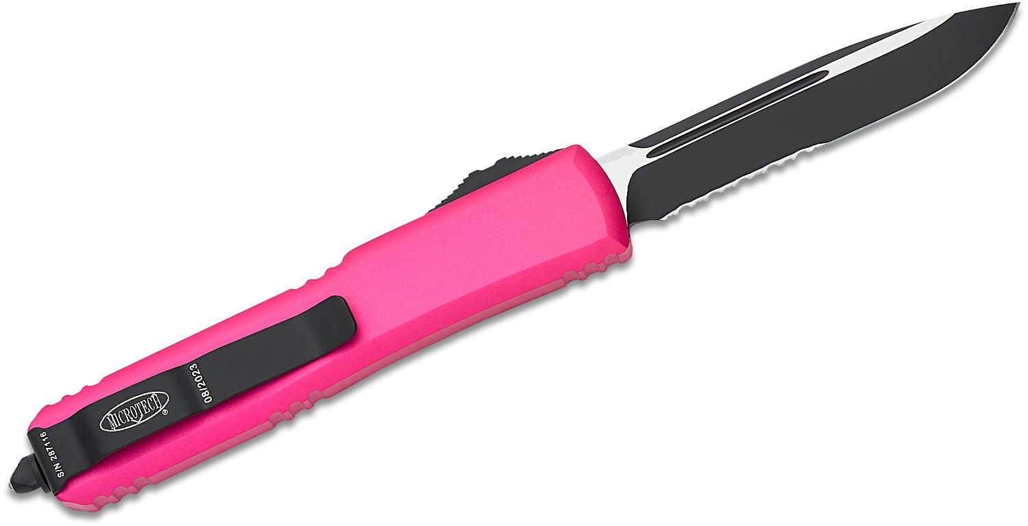 Microtech 121-10PK Ultratech AUTO OTF Knife 3.46 Stonewashed Plain Drop  Point Blade, Pink Aluminum Handles - KnifeCenter