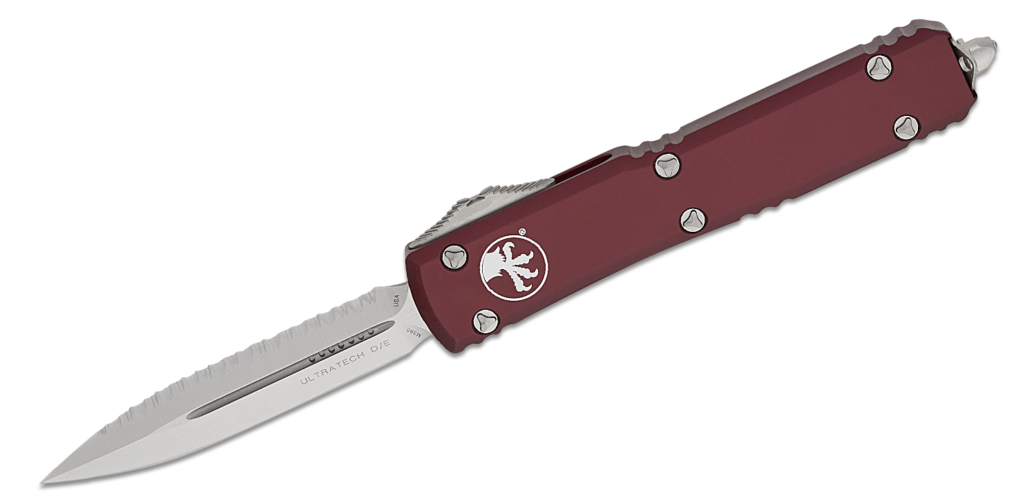 Microtech 122-12MR Ultratech AUTO OTF Knife 3.46" Stonewashed Plain/Serrated  Double Edge Dagger Blade, Merlot Aluminum Handles - KnifeCenter -  Discontinued