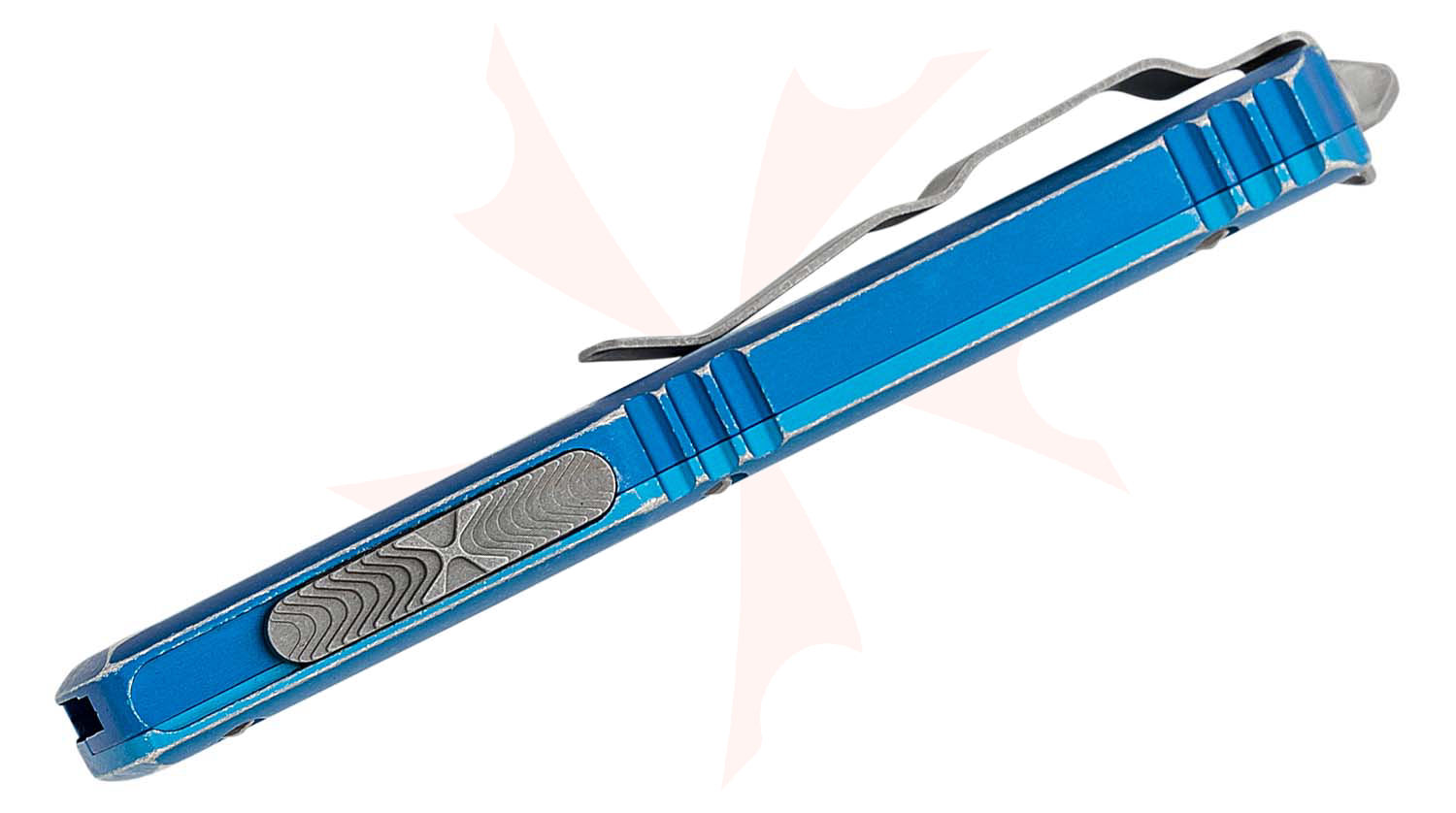 Microtech 123-12DBL Ultratech AUTO OTF Knife 3.46" Stonewashed Serrated Tanto Blade, Distressed Blue Aluminum Handles - KnifeCenter