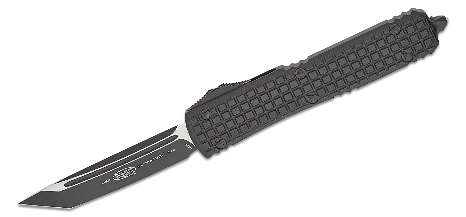 Microtech 123-1TFRGTBKS Signature Series Ultratech Tactical AUTO OTF Knife  3.46" Black Tanto Plain Blade, Black Aluminum Handles with Black Frag G10  Top - KnifeCenter - Discontinued