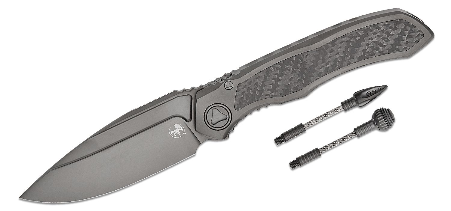 Microtech Anax - Point Integral Titanium Black Folding Knife Manual M390 Fiber KnifeCenter Black DLC Carbon Blade, Inlay with Handle DLC - 190C-1DLCTCFITI 3.7\