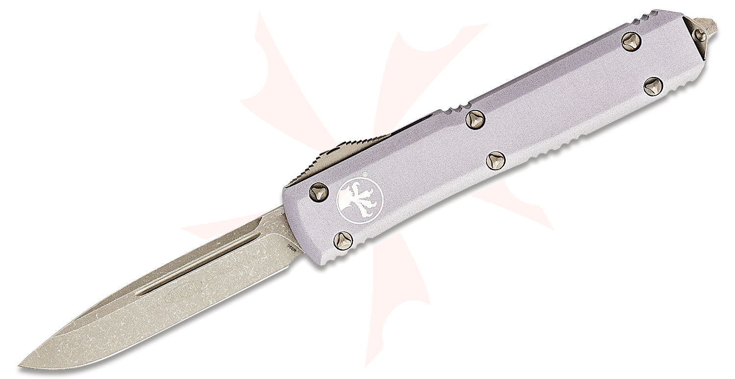 Microtech 121 10apgy Ultratech Auto Otf Knife 3 46 Apocalyptic Plain Drop Point Blade Gray Aluminum Handles Knifecenter Discontinued