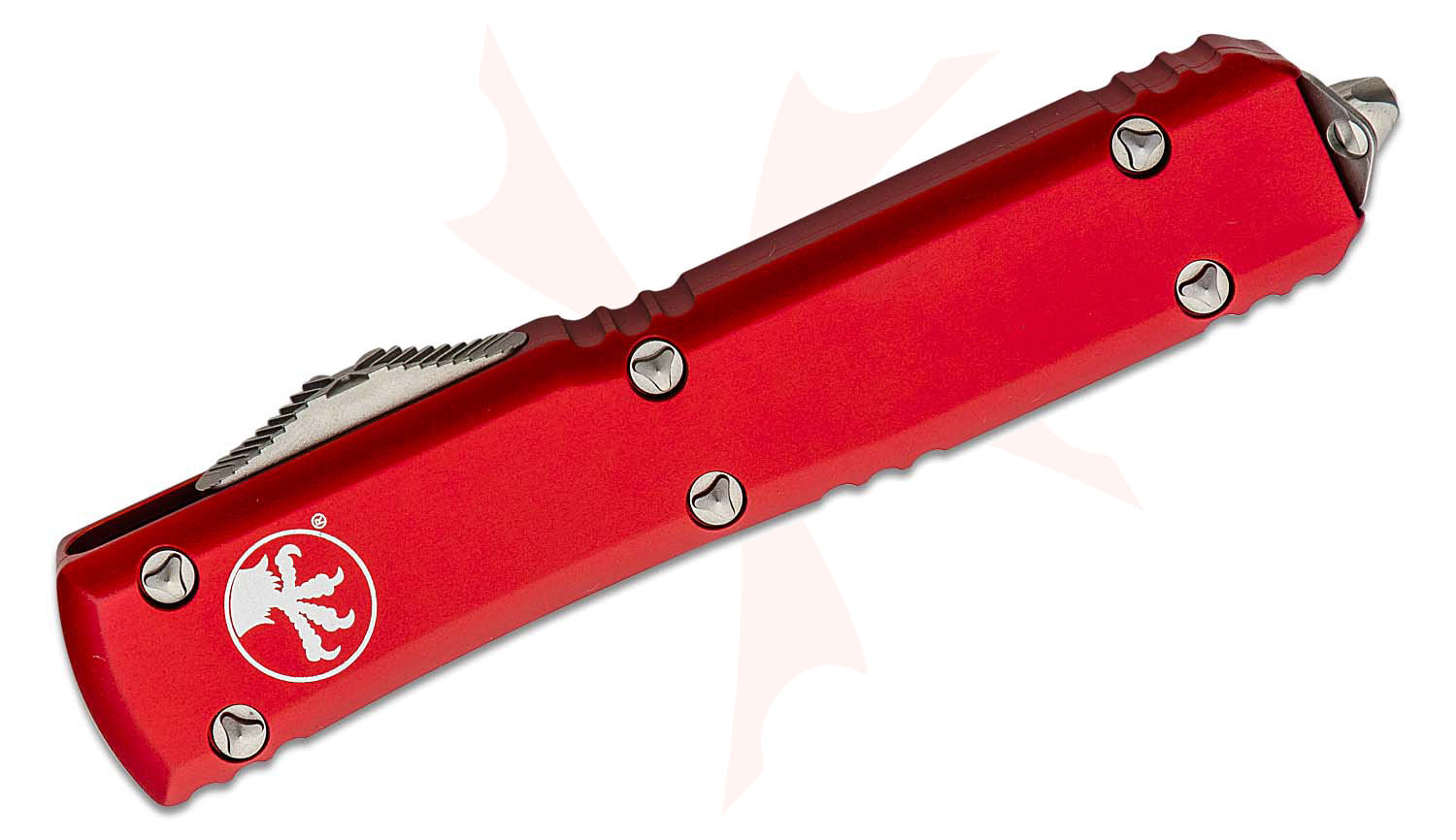 Microtech 122-12RD Ultratech AUTO OTF Knife 3.46" Stonewashed Plain/Serrated Double Edge Dagger Blade, Red Aluminum Handles - KnifeCenter