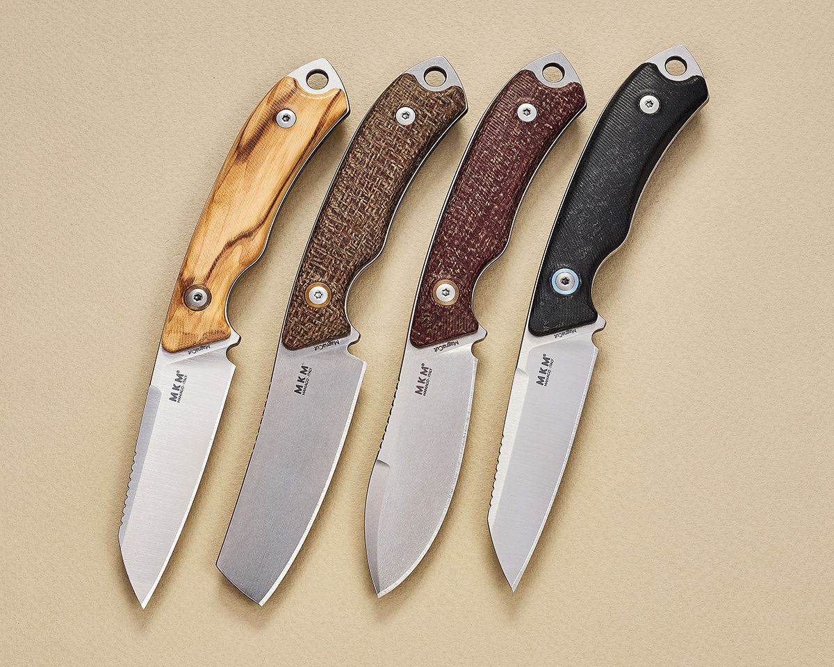 Pocket Tango fixed blades lined up on tan background showcasing different handle materials and blade shapes